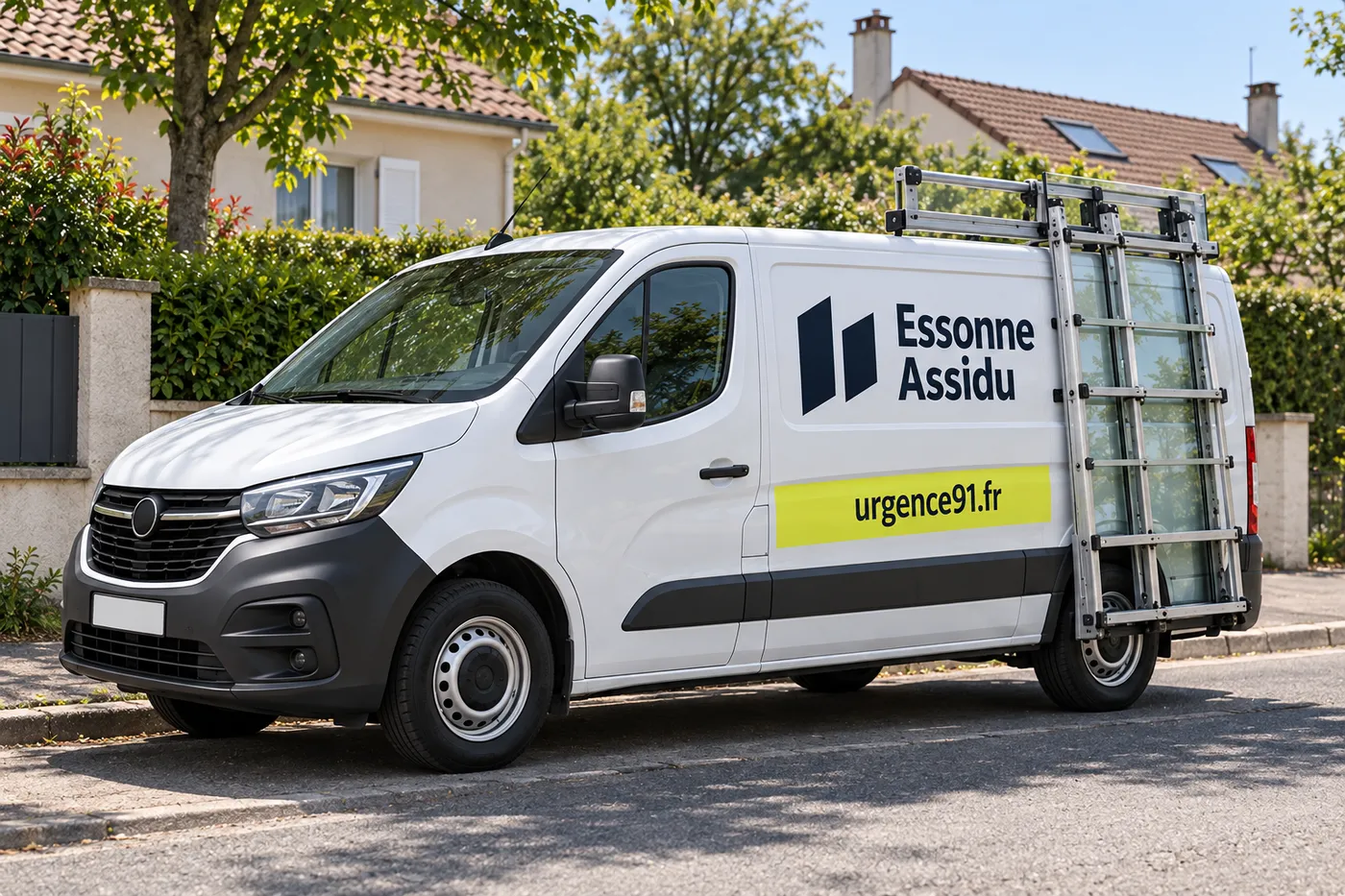 Camionnette d'intervention Essonne Assidu marquée urgence91.fr, stationnée dans une rue résidentielle de l'Essonne