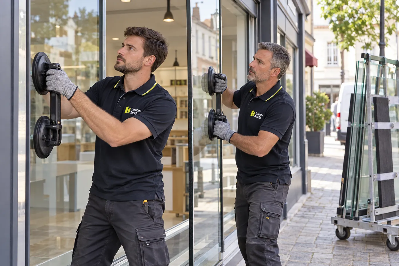 Deux vitriers posant à la ventouse un panneau de vitrine sur la devanture d'un commerce de l'Essonne